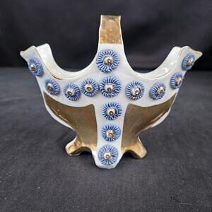 Vintage Porcelain Basket Blue White and Gold Decoration Ornate